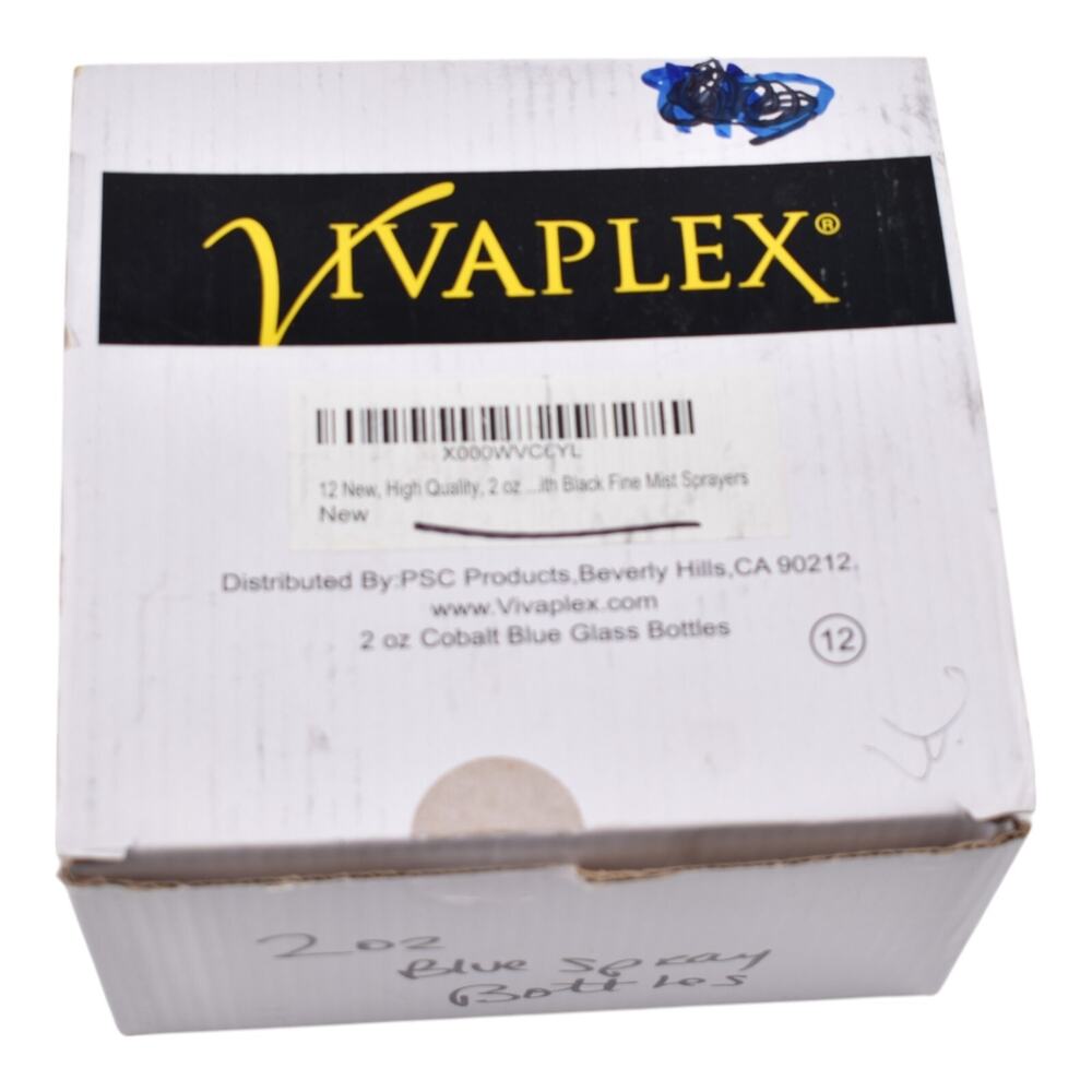 Vivaplex 2 oz Cobalt Blue Glass Bottles with Black Fine Mist Sprayers, Unopened